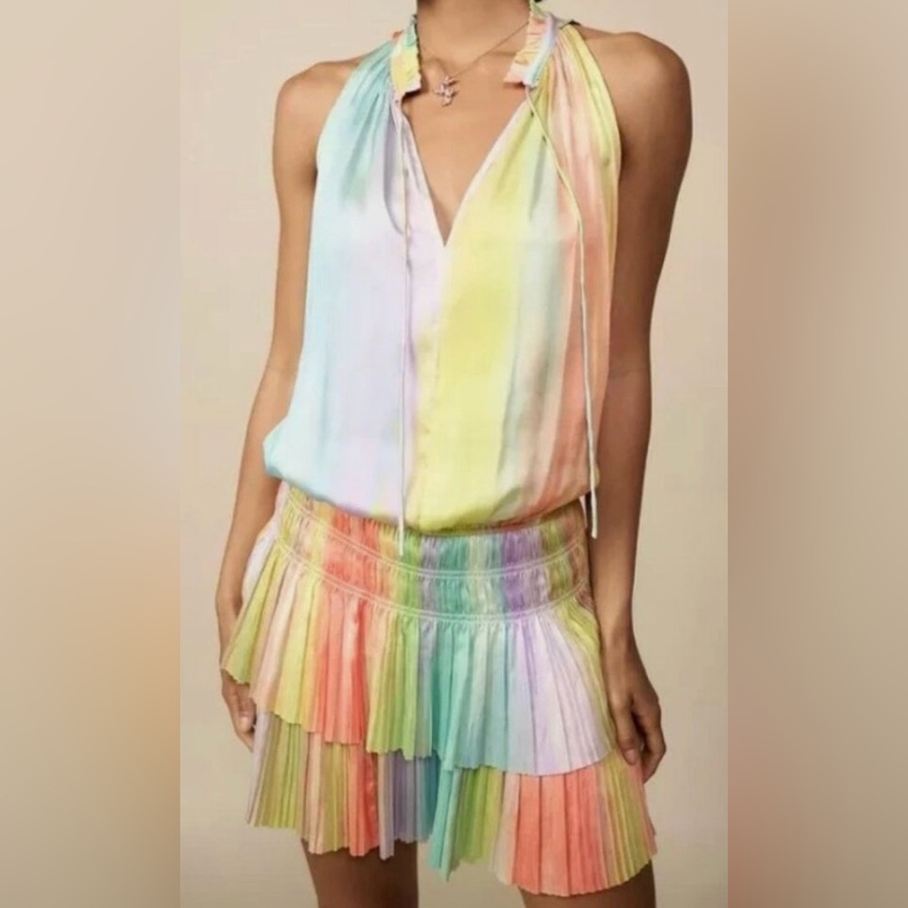 Current Air Pastel Tie-Dye Ruffle-Neck Blouse in Mint, Lavender & Peach